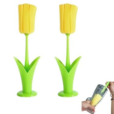 Imagem de 2 peças de escova de garrafa, escova de limpeza de esponja em forma de tulipa com suporte, escova de limpeza de copo de alça longa, esponja de garrafa de água para pratos de cozinha (amarelo)