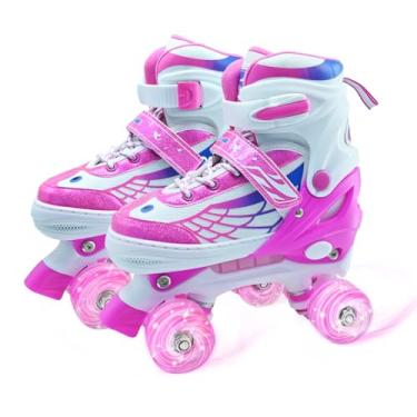 Imagem de Patins para crianças, quadriciclos ajustáveis para meninas e meninos de 6 a 10 anos com rodas iluminadas, patins infantis para iniciantes rosa tamanho 1, 2, 3, 4, para ambientes internos e externos