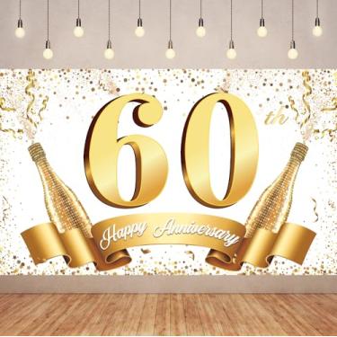 Imagem de Pano de fundo de feliz aniversário de 60 anos branco e dourado de 1,8 m x 9 m, decoração de festa de aniversário, decoração de festa de casamento, pano de fundo de fotografia Miss to Mrs