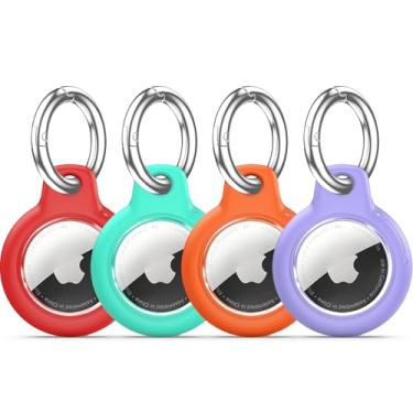 Imagem de Pacote com 4 porta-Airtags à prova d'água com chaveiro Apple AirTag, capa rígida para PC AirTag, suporte antiarranhões e choques, chaveiros e chaveiros masculinos femininos - vermelho + verde menta +