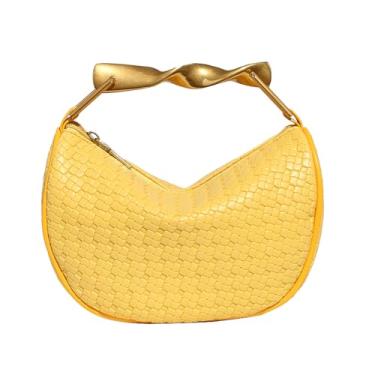 Imagem de PAHVRION Bolsa tiracolo feminina de tecido palha 2025 verão chique couro PU mini bolsa, Amarelo