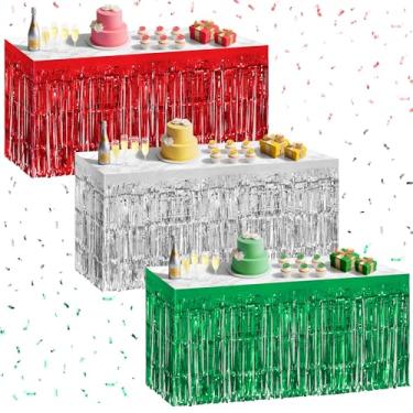 Imagem de Pacote com 3 saias de mesa vermelhas e verdes prateadas, 73,7 x 274,3 cm de folha metálica com franja para mesas retangulares, cortinas de flâmula, pano de fundo, decorações de festa para aniversários