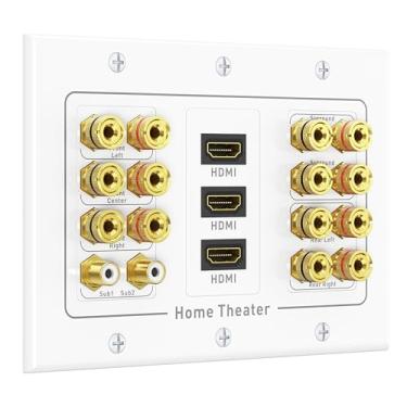 Imagem de Placa de parede para alto-falante Cable Matters Triple Gang 7.2 com HDMI (placa de parede para home theater, placa de parede para plugue banana) em branco