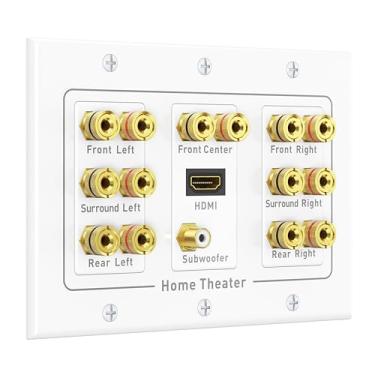 Imagem de Placa de parede para alto-falante Cable Matters Triple Gang 7.1 com HDMI (placa de parede para home theater, placa de parede para plugue banana) em branco