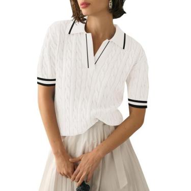 Imagem de Suéter feminino Micoson Cable, manga curta, decote em V, polo tricotad