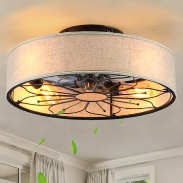 Imagem de MeZeYo Ventilador de teto boêmio de perfil baixo com luz e controle remoto, design de montagem embutida com sombra de vime natural, ventilador sem lâminas de 50 cm, iluminação rústica moderna para