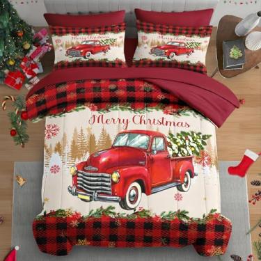 Imagem de Pamnest Jogo de lençol Queen de Natal, 7 peças, caminhão vermelho Feliz Natal, carro de árvore, bonito com elástico, 2 fronhas e 2 fronhas para decoração de quarto