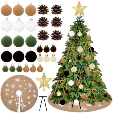 Imagem de Cheerupp Conjunto de enfeites de árvore de Natal de veludo verde cáqui marrom, 44 peças, inclui bolas flocadas de Natal, saia de árvore, laço de estrela, pingentes de pinhas para árvore de Natal