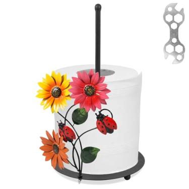 Imagem de XYDHQS Suporte de toalha de papel de girassol, suporte de guardanapo de ferro resistente com decoração de joaninha de girassol, dispensador de rolo versátil para cozinhas, banheiro, quarto, bancada