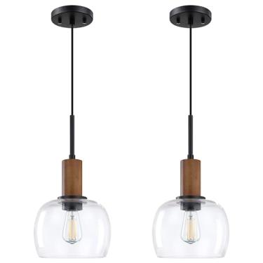 Imagem de Pacote com 2 1 luminária pendurada ilha de cozinha luminária pendente 18,5 cm tambor transparente vidro semeado interior madeira natural pingente luminárias de teto, acabamento preto moderno casa de