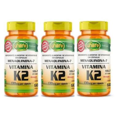 Imagem de Kit 3 Un Vitamina K2 Mk7 Menaquinona 180 Caps Vegano Unilife