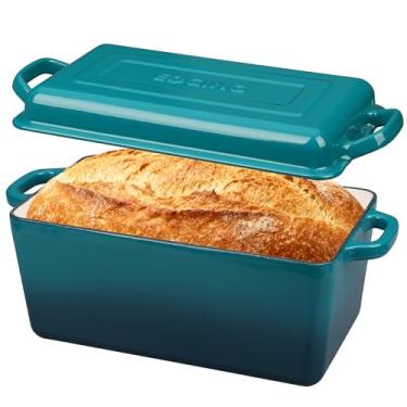 Imagem de EDGING CASTING Forno holandês de ferro fundido esmaltado, forno de pão oblongo para assar pão de fermento, assadeira, alças duplas, seguro para forno, 4 quartos, ciano escuro