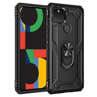 Imagem de SORAKA Capa para Google Pixel 5 com suporte de anel, capa protetora para Google Pixel 5, capa traseira de policarbonato rígido com placa de metal para suporte magnético de telefone e carro, preta