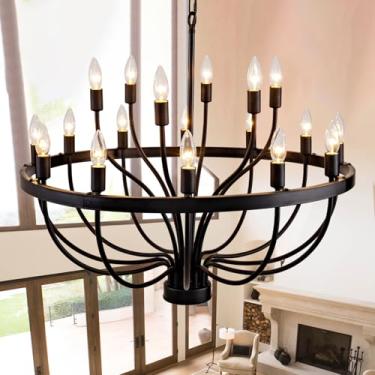 Imagem de XINGSIYUELYX Lustres pretos de 31,5 polegadas para sala de jantar 18 luminárias pretas claras para sala de jantar, lustre de casa de fazenda industrial grande, candelabro de vela rústica para corredor