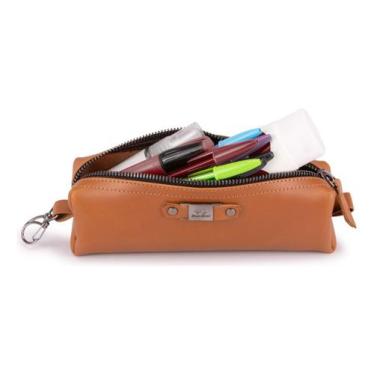 Imagem de Estojo Escolar Couro Legítimo Organizador Porta Caneta/lápis com zíper