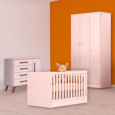 Imagem de Berço Mini Cama, Cômoda Sapateira Retrô e Guarda Roupa Rosa - Qmovi