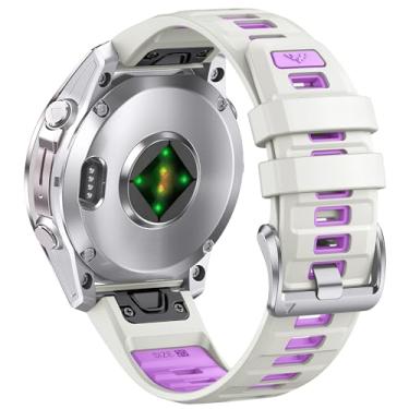 Imagem de CUZOW Pulseira de Relógio Compatível com Garmin Fenix 5S/6S/7S/8 de 43 mm, Quickfit 20, Silicone, Aço Inoxidável, Cinza Claro + Violeta, 7.6 Polegadas