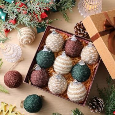 Imagem de Leinuosen 12 peças de enfeites de bola de Natal de 5 cm, boho, corda de juta, bolas penduradas em serapilheira, ornamentos rústicos neutros para guirlanda de árvore de Natal, decoração de festa de