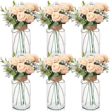 Imagem de Zeyune 6 conjuntos de buquê de flores artificiais de rosas com hálito falso de bebê, vasos de vidro transparente, plantas falsas, arranjos de flores, mesa de centro de mesa para casamento, casa