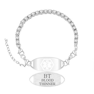 Imagem de Tobestu Elegante pulseira de tênis de alerta médico de zircônia cúbica - joia de emergência feminina ajustável para identificação de saúde YA6003, Adjustable, Aço inoxidável, Zircônia cúbica