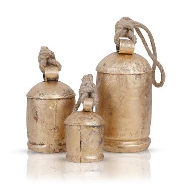 Imagem de Krati Exports 3 sinos de vaca gigantes harmonia – Sinos decorativos rústicos de Natal vintage feitos à mão com corda de juta 10 cm 15 cm 20 cm (ouro rústico, extra grande)