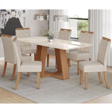Imagem de Mesa de Jantar Lins 160cm Canto Arredondado com Vidro Ambiente Nature Off White com 6 Cadeiras Bella Linho - Henn