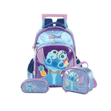 Imagem de Kit Mochila Stitch Rodinhas Lancheira Estojo Triplo Passeio, Violeta
