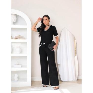 Imagem de Conjunto feminino calça pantalona manga curta gola marinheiro tricot m