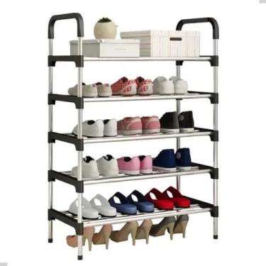 Imagem de Sapateira Vertical de Aço Inox, 5 Prateleiras, Organizador para 15 Pares de Sapatos, Estrutura Modular em Prata e Preto, Montagem Sem Ferramentas, 95x60x30cm