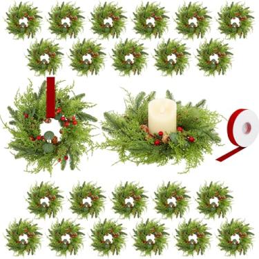 Imagem de Aneco 24 peças de anéis de vela de Natal com fita suporte de guirlanda de 22 cm castiçal de pilar guirlanda de pinheiro norfolk guirlanda artificial de frutas vermelhas ramo de pinhas para decoração