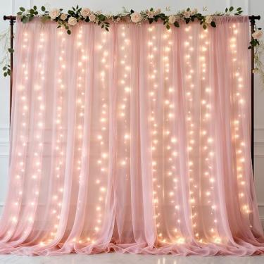 Imagem de Ledido Cortina de fundo de 300 LEDs com cordão de luzes, 8 peças, 1,5 x 3 m, cortinas transparentes de fundo rosa para festas de aniversário, casamento, chá de bebê, decoração de fundo