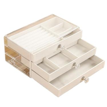Imagem de Porta Joia Acrílico Com 3 Camadas Brinco Anel Compartimento caixa de armazenamento de jóias (BEGE)