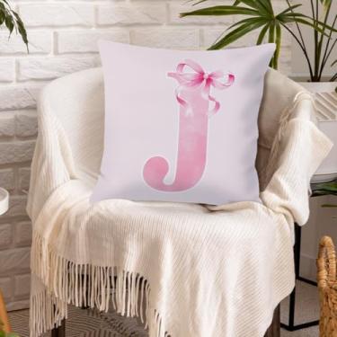 Imagem de Capa de almofada Coquette moderna com laço rosa preppy inicial personalizada para meninas adolescentes presentes monograma fronha pautada para faculdade capa de almofada de poliéster para sofá, sala