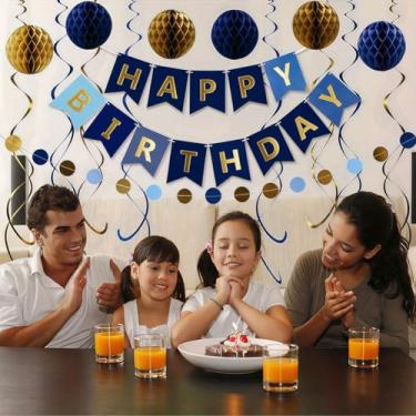 Imagem de Decorações de festa, bandeira triangular, faixa de feliz aniversário, bolas de colmeia para pendurar, redemoinhos de pendurar, guirlanda de pontos circulares para mulheres homens e crianças (dourado)