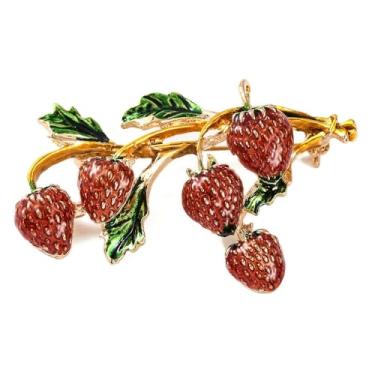 Imagem de 1 broche de liga de morango banhado a ouro metal fruta esmalte lapela distintivo para mochila roupas broches emblemas decorações ornamentos morango com ramo 39 x 59 x 9 mm (1,54 x 2,32 x 0,35
