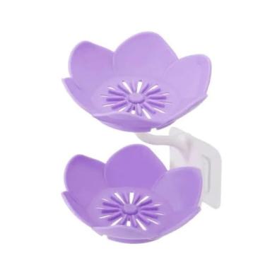 Imagem de Escorredor de saboneteira de plástico rack de armazenamento de dreno antiderrapante camada dupla suporte de sabão criativo montado na parede (roxo)