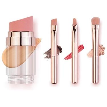 Imagem de Conjunto de pincéis de maquiagem multifuncionais 5 em 1 – ferramentas de beleza portáteis para mulheres – sobrancelha, lábio, pó, blush, puff (ouro rosa)