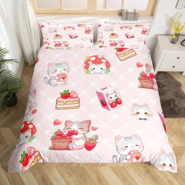 Imagem de Kawaii Cats Conjunto de capa de edredom tamanho casal, desenho animado de bolo de morango, sobremesa, reversível, com 2 fronhas, conjunto de cama respirável com coração de animal fofo e rosa (não