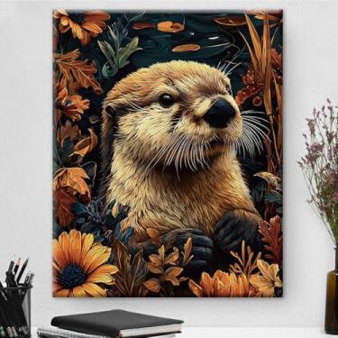 Imagem de Arte de parede botânica de lontra marinha vintage emoldurada - Decoração de parede com flores escuras Academia para quarto, sala de estar, casa, 20 x 25 cm