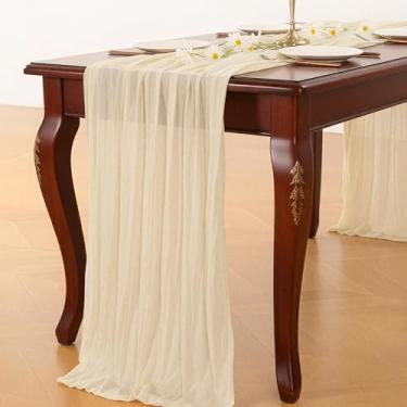 Imagem de Caminho de mesa de gaze bege, corredor de mesa de gaze rústica Boho de 300 cm para outono, Ação de Graças, casamento, festa, chá de bebê, aniversário, decorações de casa e férias