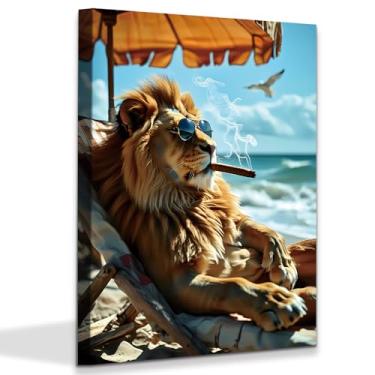 Imagem de Arte de parede em tela de banheiro com leão, desenho animado, animal, banheiro, arte de parede, leão, cadeiras de praia, pintura de banheiro, decoração de parede de animais, arte em tela para banheiro