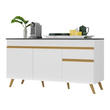 Imagem de Balcão Cozinha Gabinete Pia 150cm 3 Portas Branco Dourado