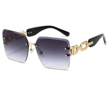 Imagem de HCPIHF Óculos de sol sem armação com corrente retrô, armação em degradê UV400, para mulheres e homens, estilo punk moderno (dourado-cinza)