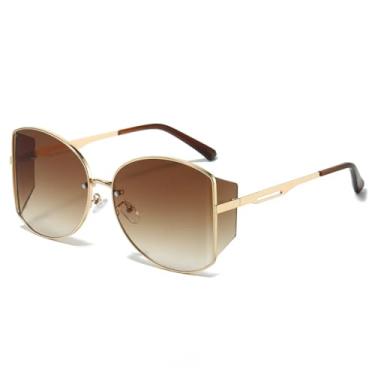 Imagem de HCHES Óculos de Sol Femininos com Armação Grande, Redonda, Envolvente, Estilo Fashion, Proteção UV400, Metal (Lentes Degradê Chá)