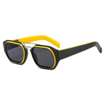 Imagem de HCPIHF Óculos de sol retrô da moda UV400, armação degradê, ponte dupla, estilo punk, masculino e feminino (preto, amarelo e preto)