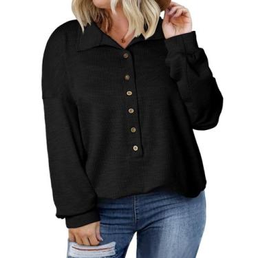 Imagem de Blusa feminina Eytino plus size de manga comprida com decote em V pret