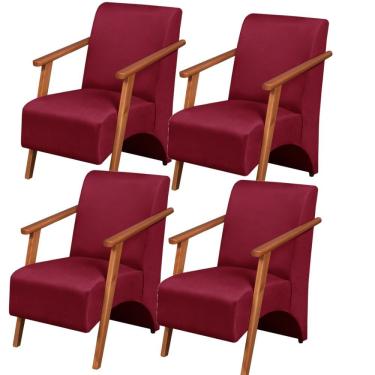Imagem de Kit 4 Poltronas Venus 1 Lugar Braço Madeira Maciça Tecido Suede Bordô