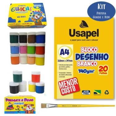 Imagem de Kit Pintura com 12 Cores Básicas Tinta Guache + 6 Cores Pintura a Dedo
