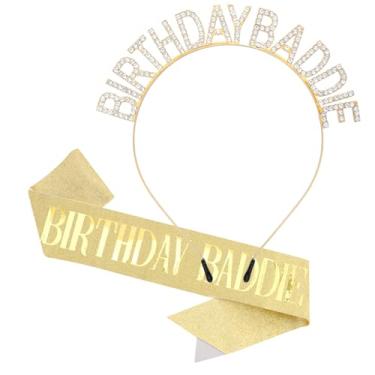Imagem de Canitor Conjunto de coroa de faixa de aniversário Baddie, presentes de aniversário, lembrancinhas de festa, decorações e acessórios para mulheres, meninas, roupas adultas, tiara de strass, faixa de