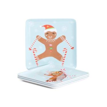 Imagem de Sugarplum Dreams Conjunto de 4 pratos de aperitivo de melamina de Natal - Azul claro - Divertido pão de gengibre